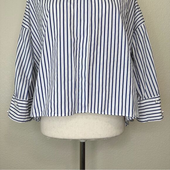 Zara Basic Collection Blue White Striped High-Low Button Down Shirt - Picture 3 of 13